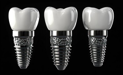 Three gleaming dental implants with white ceramic crowns and threaded metallic screws on a black background, conveying clinical precision and sterile professionalism