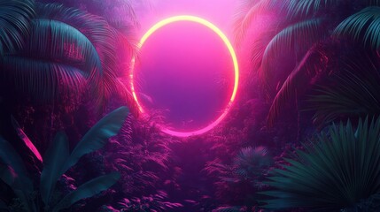 Glowing neon circular portal hovering in a dense tropical jungle with palm leaves and magenta teal light, misty mysterious and dreamy futuristic atmosphere