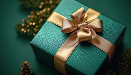 Emerald textured gift box with gold satin ribbon and bow nestled among pine cones and evergreen sprigs, evoking festive elegance and joyful anticipation