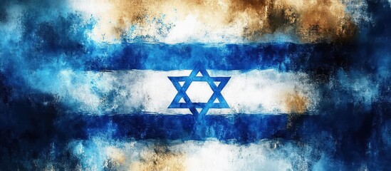 Weathered blue and white flag with a central six-pointed star, painterly grunge texture, warm golden and deep indigo tones conveying a solemn resilient patriotic mood