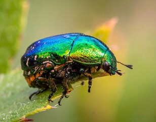 Vibrant iridescent beetle on leaf