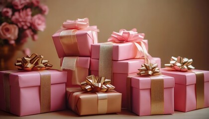 Fototapeta premium Stack of pink and gold wrapped gift boxes with ribbons and bows on a warm softly lit table evoking an elegant festive romantic celebration