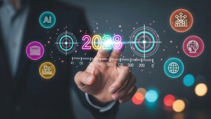 Businessman's hand interacting with futuristic 2028 data interface and digital icons for AI, global business, and leadership.