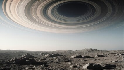 Alien Planet Landscape with Saturn-like Rings Above.