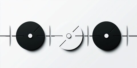 three circular discs with central holes and radial slits connected by a thin horizontal line in a monochrome minimalist composition conveying balance and calm