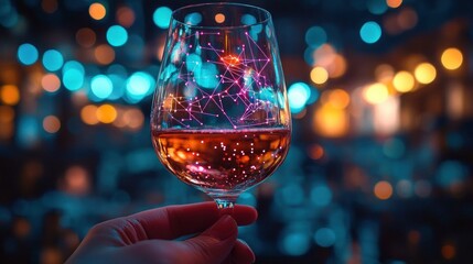 hand holding a wine glass with amber liquid and glowing pink network of nodes reflected in the bowl against blue and orange bokeh, festive and futuristic wonder