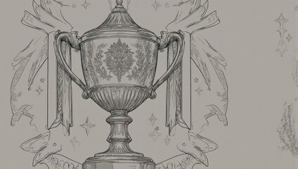 Vintage Engraved Trophy Cup with Decorative Ribbons and Ornate Crest Illustration.