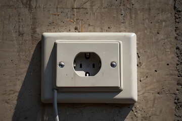 Public electrical outlet mounted on a concrete wall, clean empty background, sharp focus, natural lighting