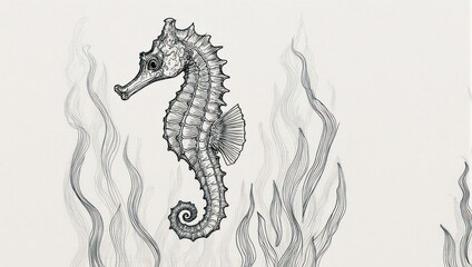 Elegant Seahorse Illustration Amidst Seaweed, Detailed Black and White Drawing.