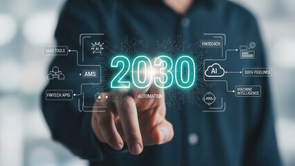 Futuristic 2030 Digital Technology Interface with AI, Automation, and Fintech Concepts