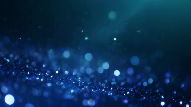 Sparkling blue glitter particles floating in dark space