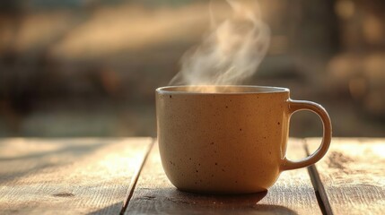 Steaming ceramic mug on sunlit wooden table, warm morning light and a peaceful cozy atmosphere