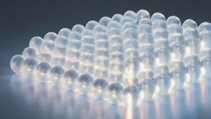 Close-up of numerous clear glass spheres arranged in rows, reflecting light beautifully.