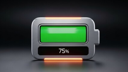 Realistic Battery Indicator Showing 75 Percent Charged with Neon Green Fill