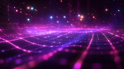 glowing neon purple and pink grid landscape with undulating lines and floating light particles, futuristic dreamy immersive atmosphere