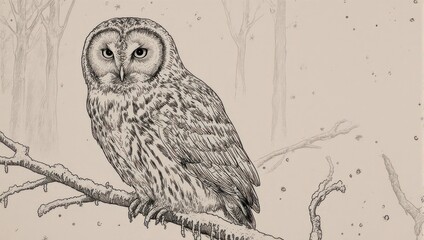 Vintage hand drawn illustration of a beautiful owl perched on a tree branch.