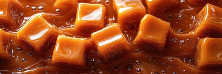 glossy caramel cubes melting in rich sticky sauce, indulgent and decadent close-up