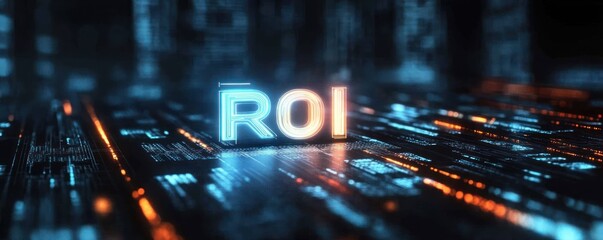 Glowing neon letters ROI on a reflective futuristic circuit board with blue and orange lights, digital data traces and bokeh, producing a dynamic optimistic high-tech mood