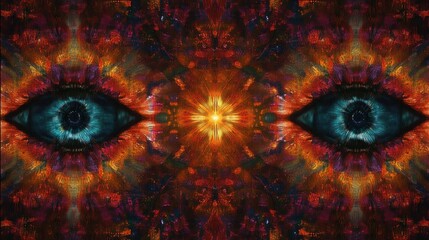 Symmetrical surreal composition with two intense blue eyes flanking a glowing golden star, fiery textured abstract patterns and a watchful, mystical, hypnotic mood