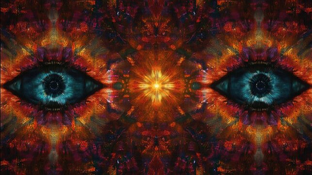 Symmetrical surreal composition with two intense blue eyes flanking a glowing golden star, fiery textured abstract patterns and a watchful, mystical, hypnotic mood - Powered by Adobe