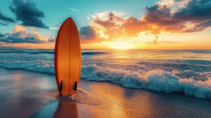 single orange surfboard planted upright on wet sandy beach at golden sunset with rolling waves, foamy surf and dramatic colorful clouds evoking peaceful solitude and awe