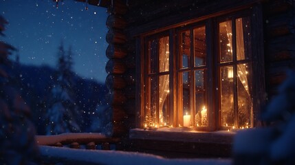 Cozy log cabin window glows warmly with candlelight against a dark snowy winter night landscape