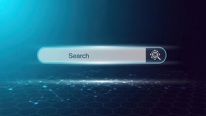 Futuristic Search Bar with Magnifying Glass Icon and Network Grid Background