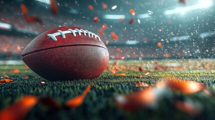 close-up of an american football on stadium turf with swirling orange confetti and glowing floodlights, conveying excitement and dramatic game-day anticipation