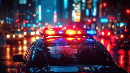 police patrol car with flashing red and blue lights on a rainy neon city street, tense nocturnal emergency scene