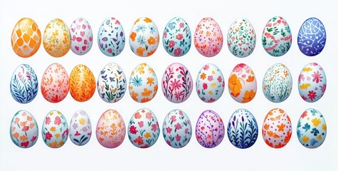 Thirty hand-painted pastel eggs decorated with colorful floral and leaf patterns arranged in three neat rows, evoking cheerful springtime celebration and whimsy
