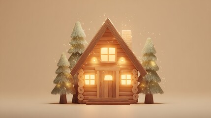 Charming wooden log cabin nestled among glowing miniature pine trees creates a cozy winter holiday scene