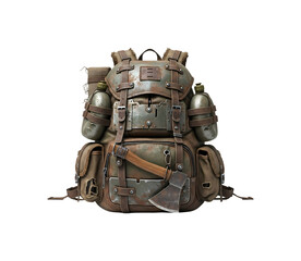 古びたバックパックと斧、冒険の準備完了