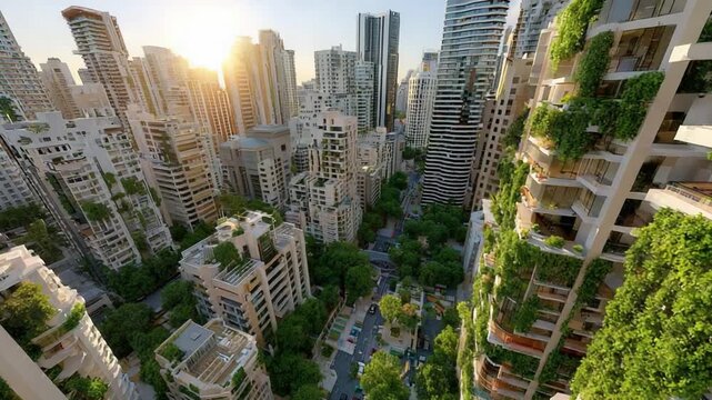 Urban Oasis: A panoramic view showcases a city blending nature and architecture, with lush greenery seamlessly integrated into modern high-rise structures, evoking harmony and eco-conscious living.