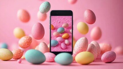 Playful scene of floating pastel speckled eggs surrounding a smartphone showing colorful eggs on a pink granular surface, joyful and whimsical composition