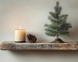 Lit candle and pine cone beside a small evergreen sapling with exposed roots on a weathered wooden shelf against a neutral wall, creating a calm cozy minimalist scene
