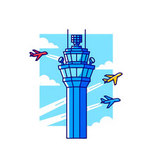 空港管制塔からの航空機安全な離陸誘導イラスト