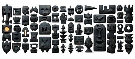 Array of dark carved stone masks and abstract totemic shapes arranged in rows on white background with a single glowing amber element, evoking mysterious ancient ritual