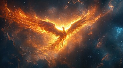 majestic fiery bird rising and soaring through a glowing cosmic nebula with outstretched flaming wings and blazing light, dramatic and awe-inspiring