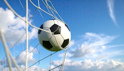 Soccer ball in net against blue sky with clouds