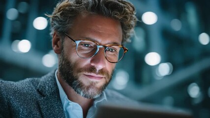 Professional man analyzing financial data on tablet, modern office setting, realistic business environment - Powered by Adobe