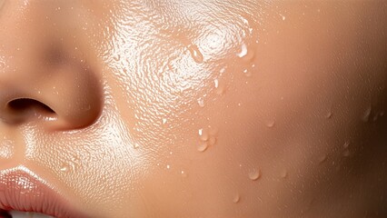Fototapeta premium Close up of a womans face with water droplets on her skin.