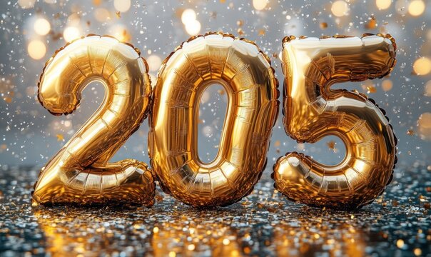 three large gold foil number balloons forming 205 surrounded by falling confetti and glitter on a reflective surface with warm bokeh lights, festive and joyful celebration