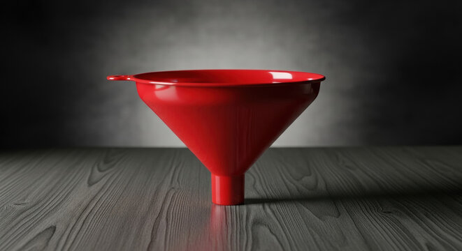 A vibrant red plastic funnel is positioned centrally on a wooden surface. The studio lighting creates a dramatic effect with a dark, smoky backdrop.
