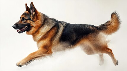 Energetic German shepherd running mid-leap with alert ears, happy expression and raised tail on a clean white background