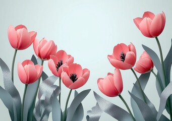 Delicate pink tulips with dark centers and silver textured leaves on a pale gradient background, serene and elegant