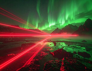Dramatic nightscape with glowing aurora and striking laser light trails