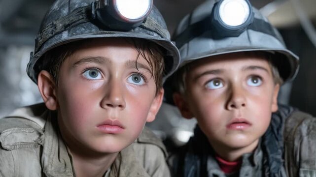 Curious Miners: Two young, inquisitive faces, illuminated by the glow of miner's helmets, are set against the shadowy backdrop of a mine, a symbol of curiosity.