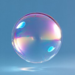 single iridescent soap bubble floating above a soft blue background, delicate, serene and weightless
