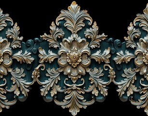 ornate gold and teal floral relief with scrolling acanthus leaves and symmetrical medallion panels on black background, conveying opulence and elegance