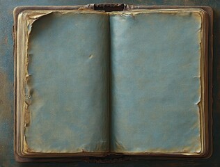 open antique book with blank faded blue pages, worn leather cover and torn edges, evoking quiet nostalgia and contemplative stillness